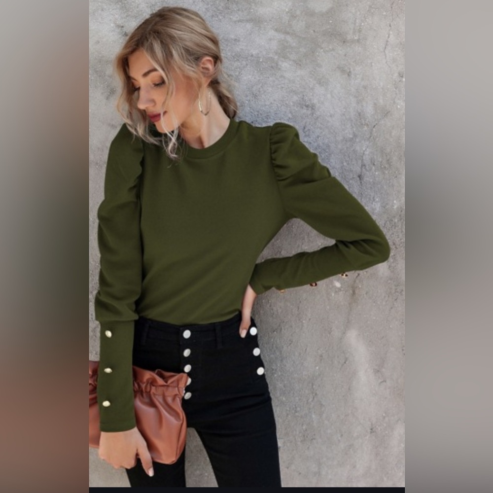 Olive Green Puff Sleeve Crewneck Top - Brand